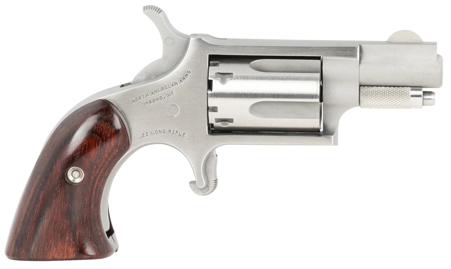 North American Arms 22LRGBG Mini-Revolver Sports South Exclusive 2 LR 5 Shot 1.13" Stainless Steel Barrel, Frame & Cylinder, Wood Boot Grip, Exposed Hammer