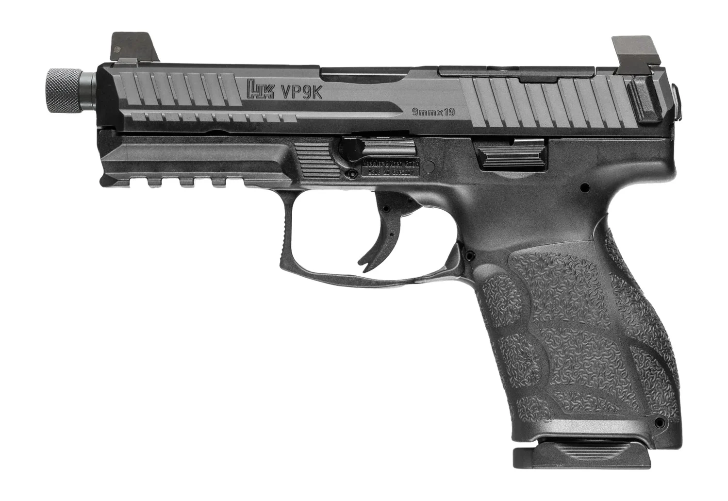 HK 81001230 VP9A1 K Tactical 9mm Luger 15+1 4.70" Black Threaded Barrel, Black Steel Optic Ready/Serrated Slide, Black Polymer Frame w/Picatinny Rail, Textured Grip