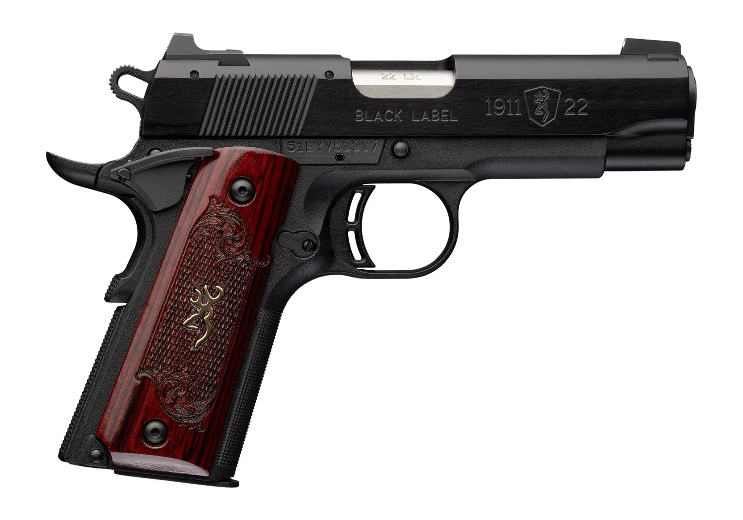 Browning 051070490 1911 Black Label Medallion Compact 22 LR 10+1 3.63" Matte Stainless Barrel, Black Anodized Aluminum Serrated Slide, Matte Black Polymer Frame w/Beavertail, Rosewood w/Gold BuckMark