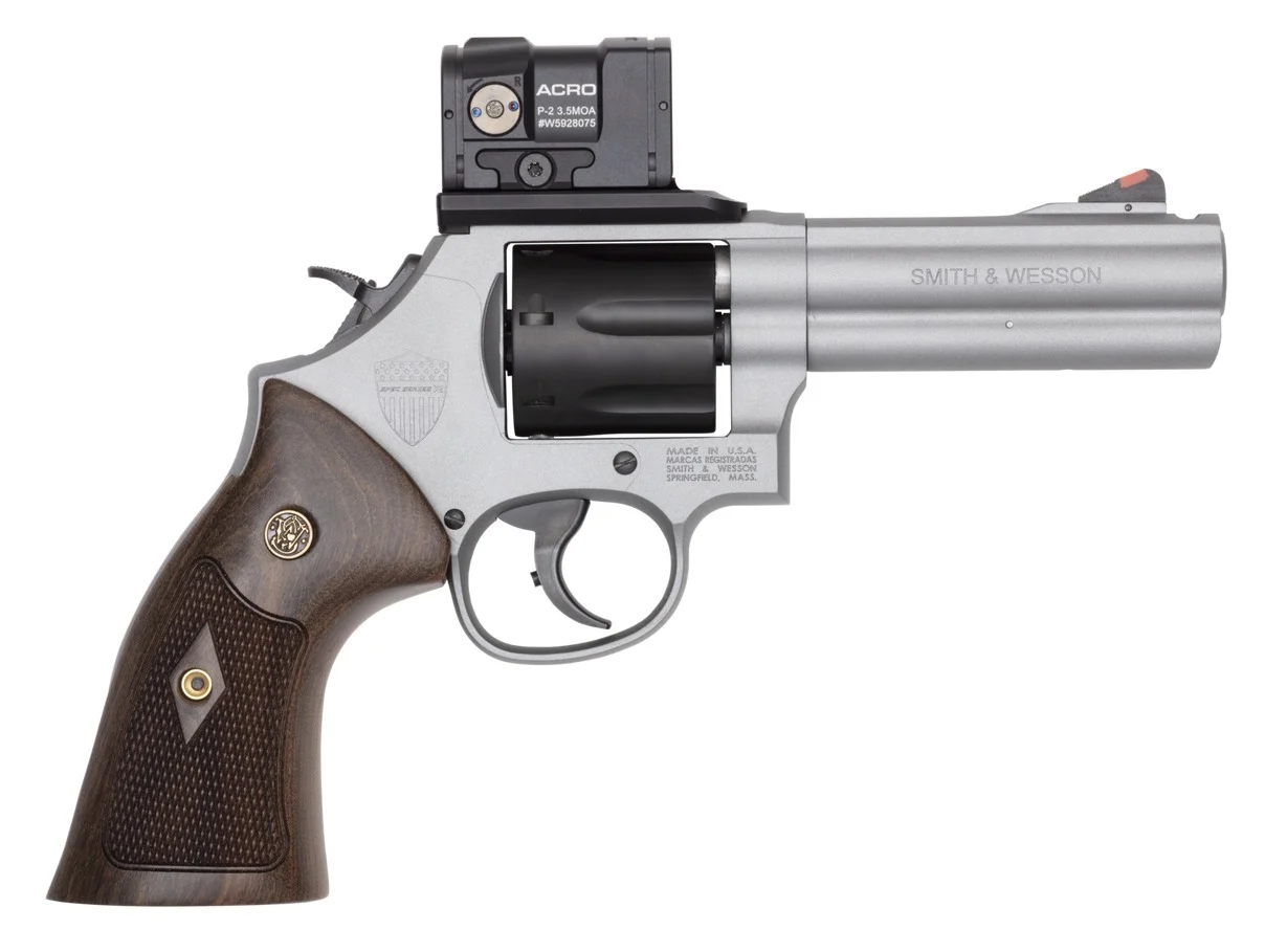 Smith & Wesson 14635 Model 686 SPEC R Bundle 357 Mag/38 Special +P 7 Shot, 4.13" Titanium Cerakote PowerPort Stainless Steel Vented Barrel & Frame, Black PVD Cylinder, Checkered Wood Grip, Aimpoint Ac