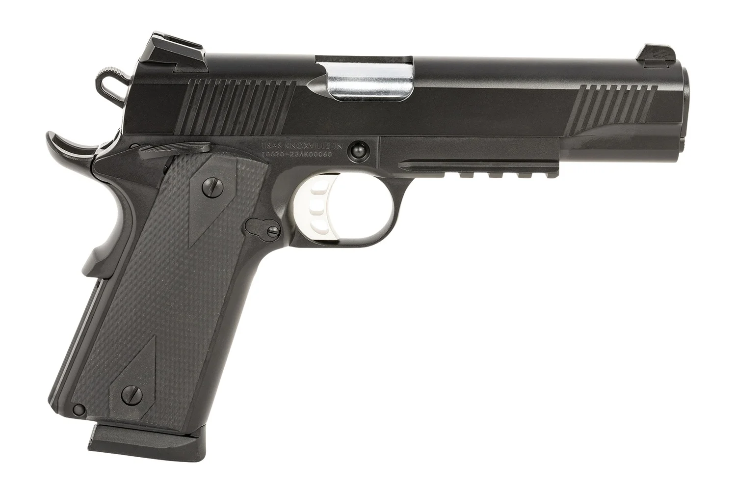 Tisas Arms 10100529 1911 Duty 45 ACP 8+1 5" Stainless Steel Barrel, Black Carbon Steel Serrated Slide & Frame w/Picatinny Rail, Black Rubber Grip