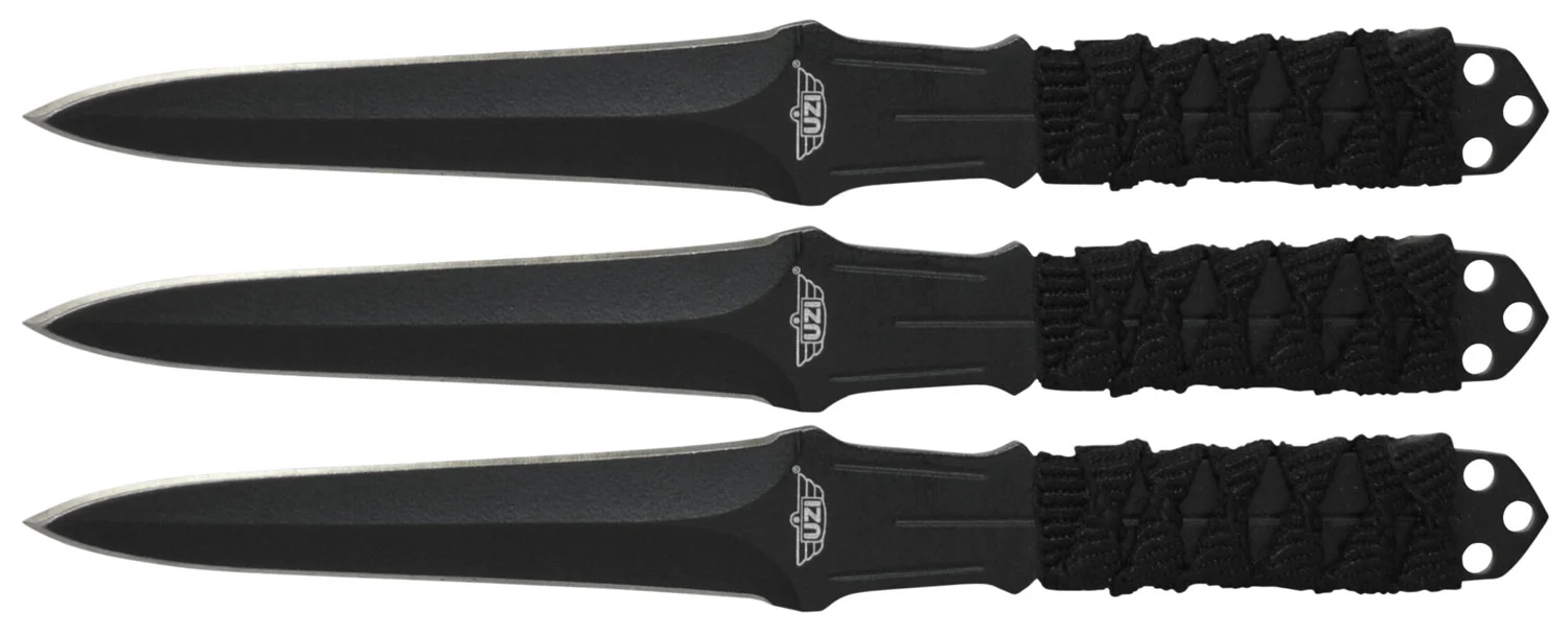 Uzi Accessories UZKTRW003 Throwing Knives 3" Fixed Straight Back Plain Black Stainless Steel Blade Black Nylon Cord Wrapped Handle