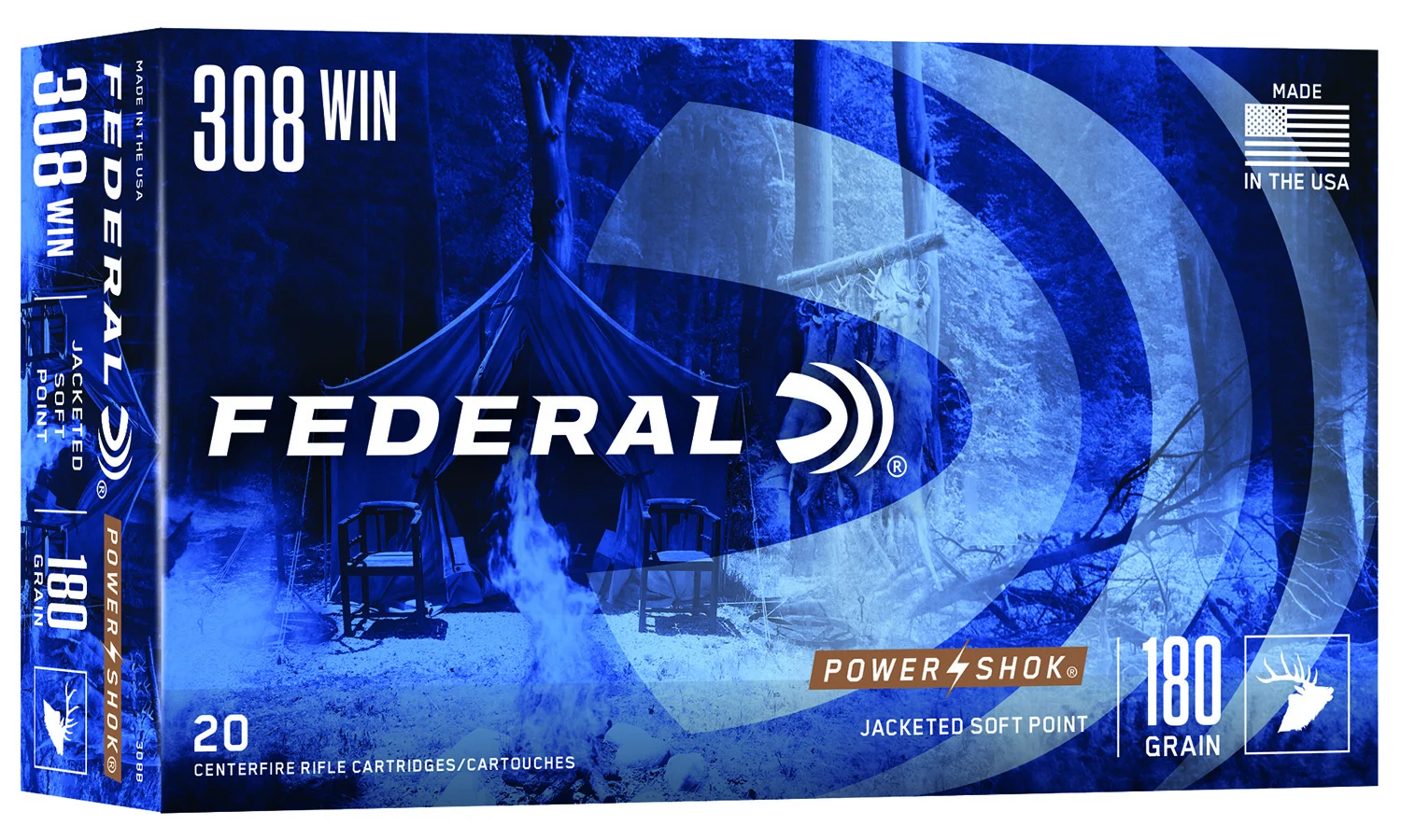 Federal 308B Power-Shok 308Win 180gr Jacketed Soft Point 20 Per Box/10 Case