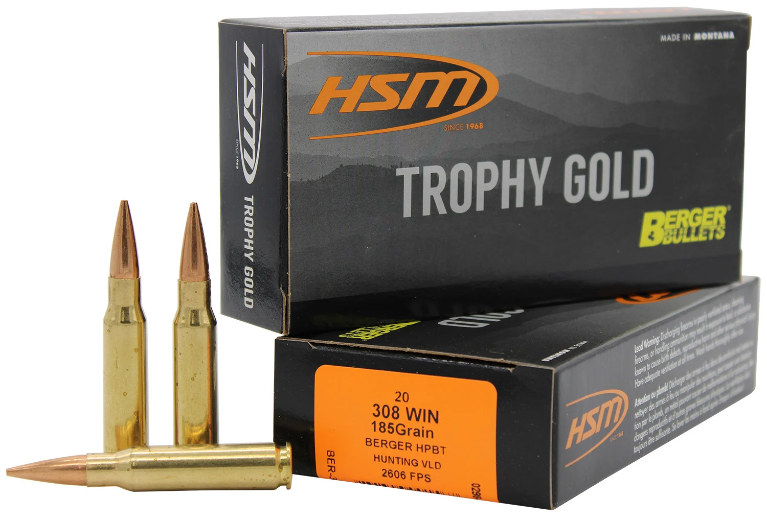HSM 308185VLD Trophy Gold Extended Range 308 Win 185 gr Berger Hunting VLD Match 20 Per Box/ 25 Case