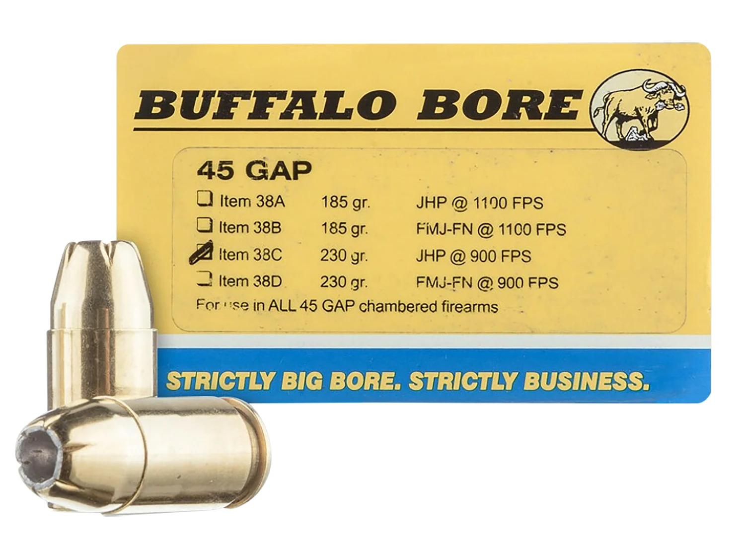 Buffalo Bore Ammunition 38C20 Personal Defense Strictly Business 45GAP 230gr Jacket Hollow Point 20 Per Box/12 Case