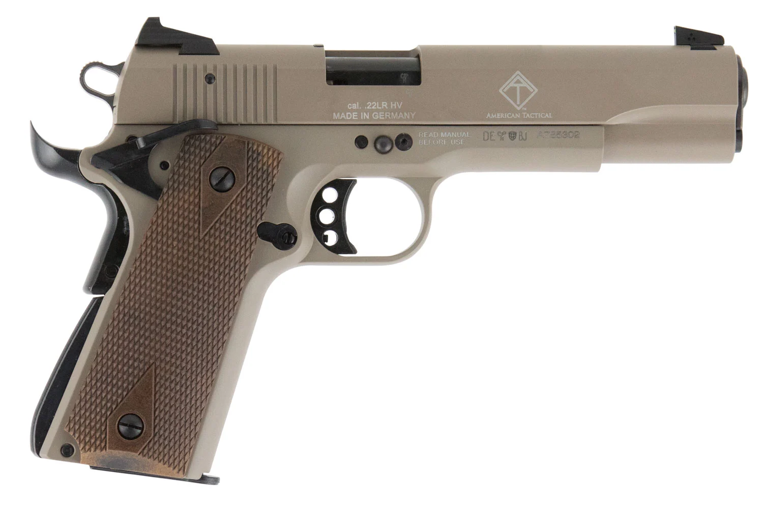 GSG GSG2210M1911T 1911 22 LR 10+1 5" Threaded Barrel, Tan Serrated Slide & Zinc Alloy w/Beavertail Frame, Double Diamond Walnut Grip