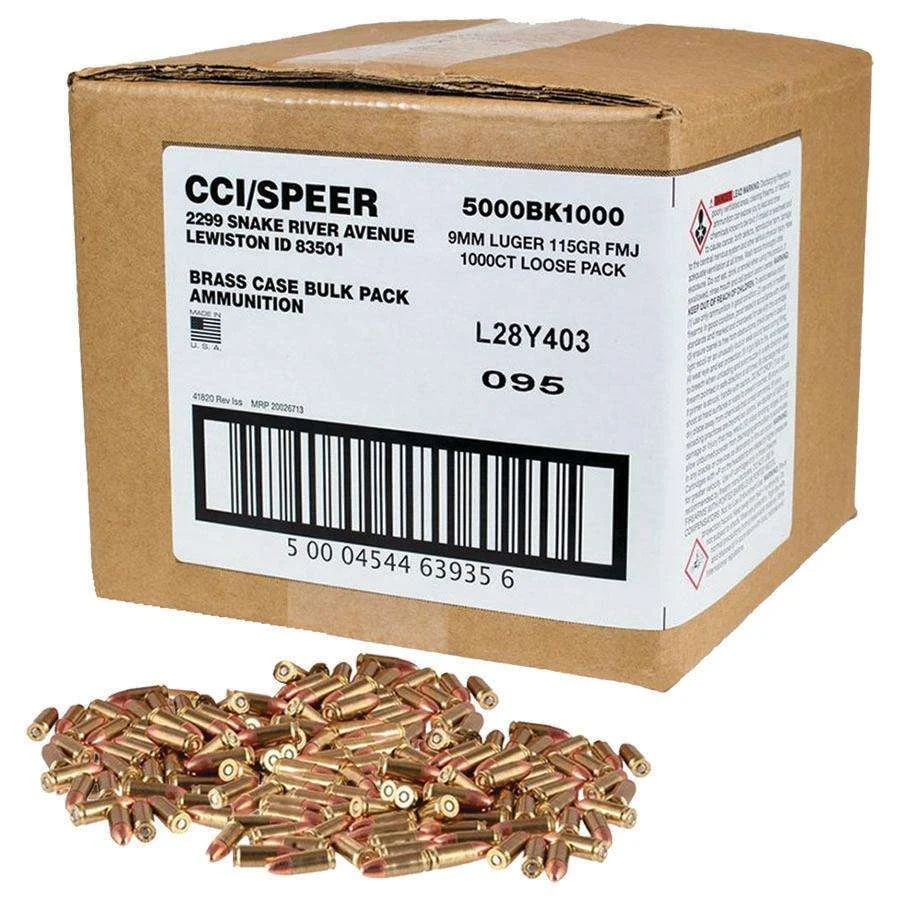 CCI Blazer Brass Handgun Ammunition 9mm Luger 115gr FMJ 1145 fps 1000/ct Loose Bulk Pack