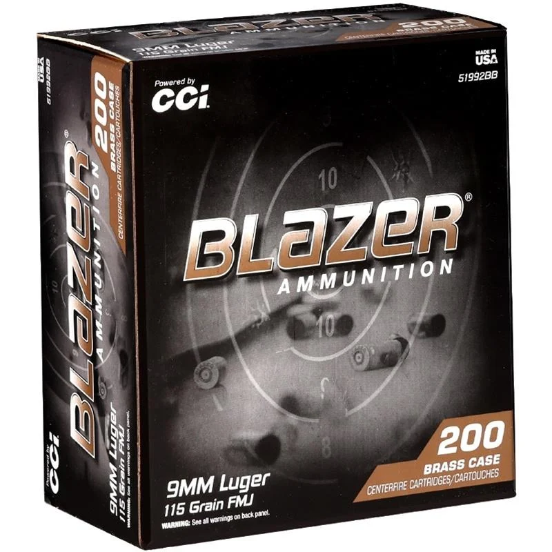 CCI Blazer Brass Handgun Ammunition 9mm Luger 115gr FMJ 1145 fps 200/ct