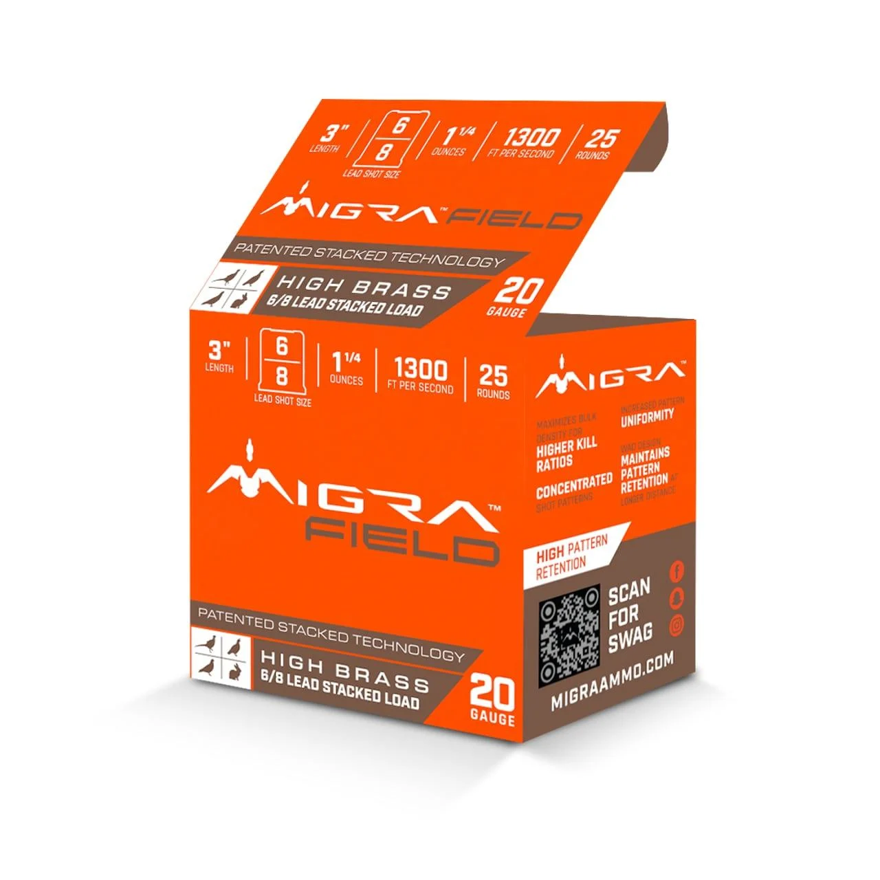 Migra Ultimate Field Hi-Brass Lead Stacked Shotshells 20ga 3" 1-1/4 oz 1300 fps #6 & 8 Shot 25/ct
