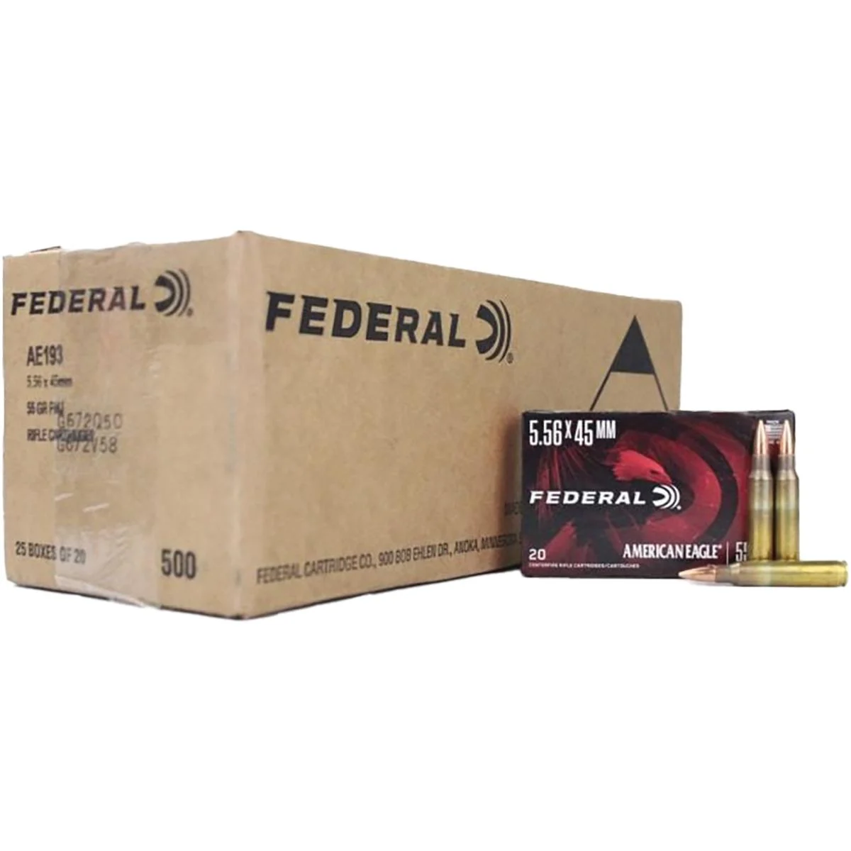 Federal American Eagle Rifle Ammunition 5.56X45 NATO 55gr FMJ 3165 fps 500/ct (25-20/ct)