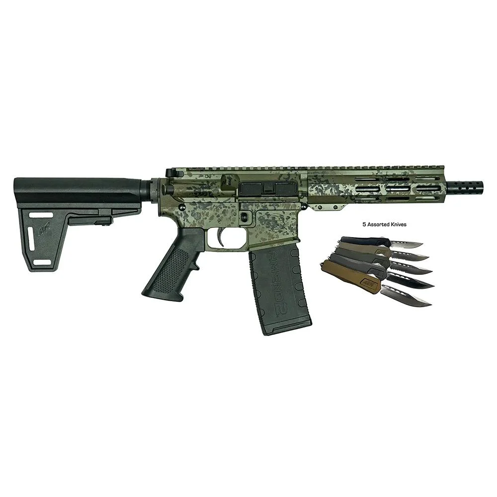 Great Lakes AR-15 Pistol .223 Wylde 30rd Magazine 7" Barrel Lichen Green with 5 OTF 3-1/2" Blade Knives