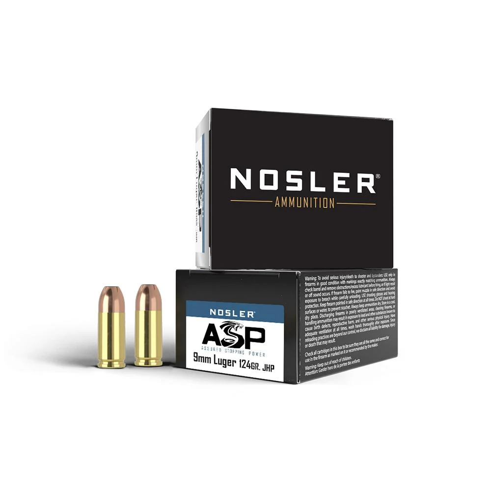 Nosler ASP Handgun Ammo 9mm Luger 124 gr JHP 1150 fps 20/ct