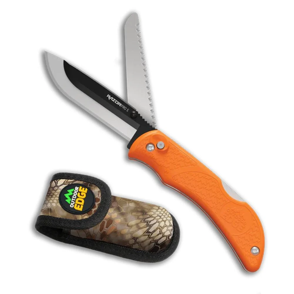 Outdoor Edge RazorPro S Replaceable Blade Folding Knife 3-1/2" Drop Point Blade with Fold Out Saw Orange