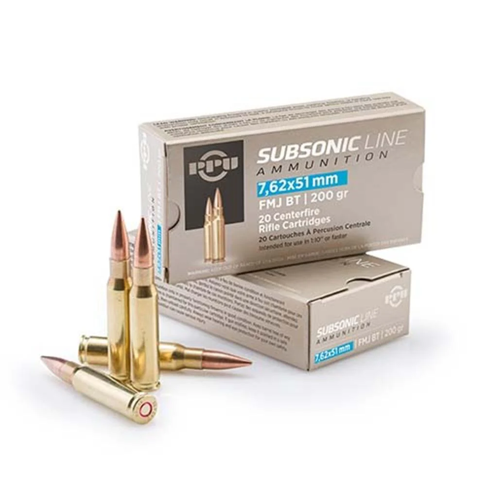 PPU Subsonic Rifle Ammunition 7.62X51 NATO 200 gr FMJBT 1050 fps 20/ct