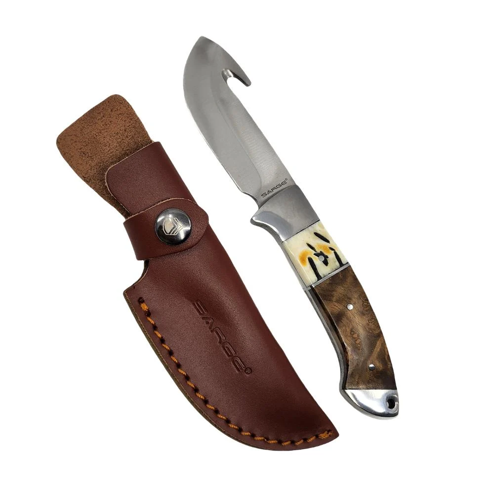 Sarge Knives Terrain Fixed Blade Knife 3-1/2" Gut Hook Wood & Stag